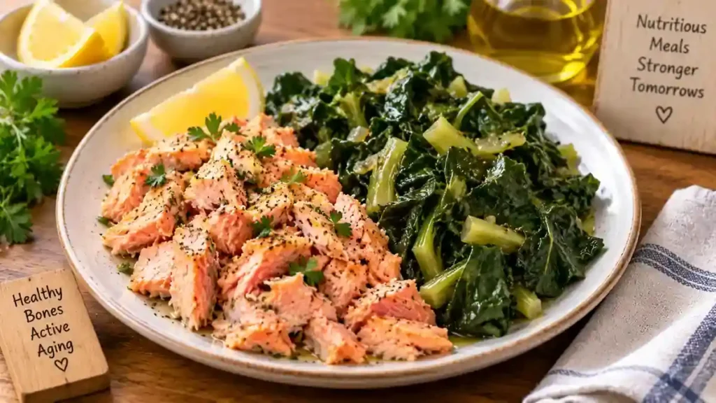 Plate of tender flaked wild salmon and braised leafy greens high in dietary calcium for older adults
