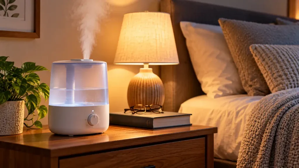 Cool-mist humidifier running on a nightstand to support dry skin care for seniors while sleeping.