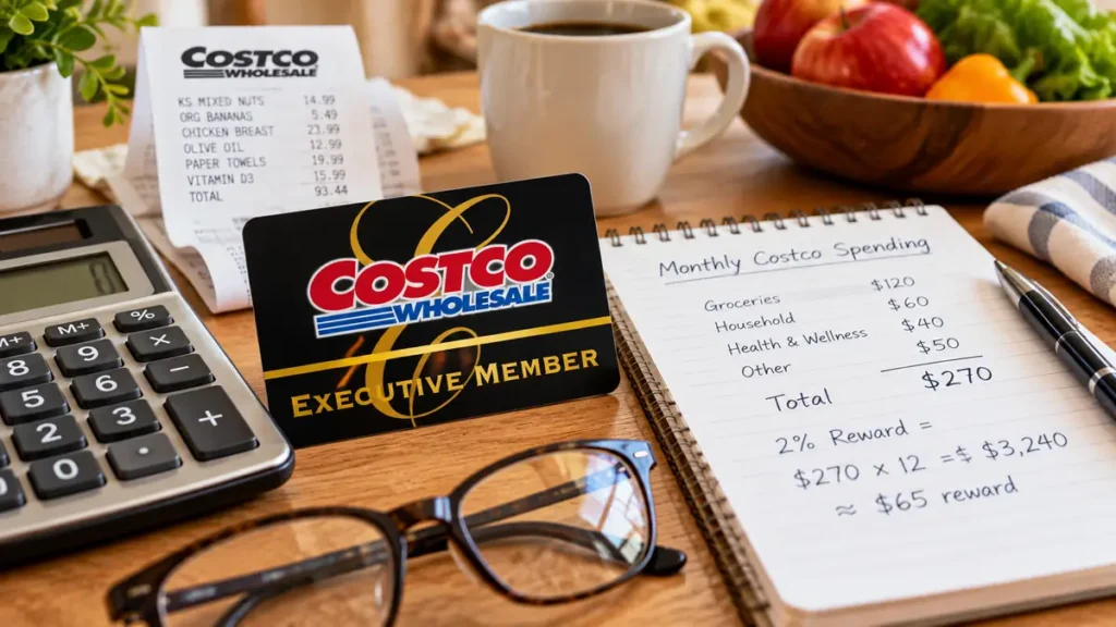Costco Executive membership card on a desk beside a calculator and budget notepad to evaluate if Costco executive membership is worth it for seniors.