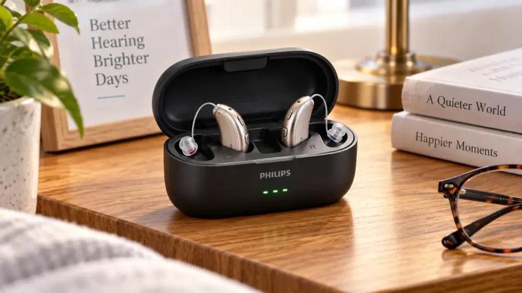 Pair of rechargeable costco hearing aids for seniors resting inside a desktop charging dock
