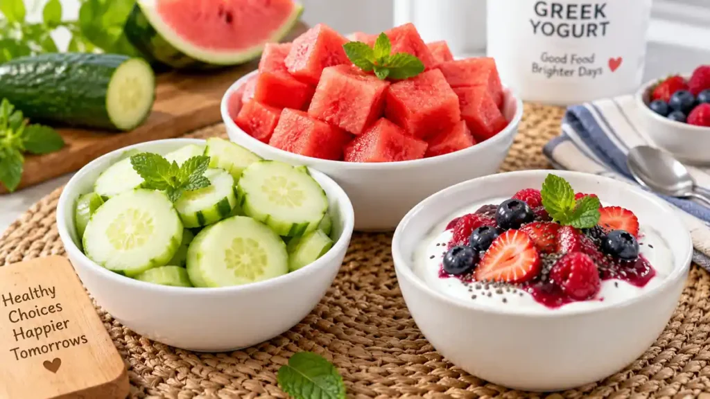 Close up view of bowls filled with fresh watermelon, cucumber, and Greek yogurt on a wooden counter.