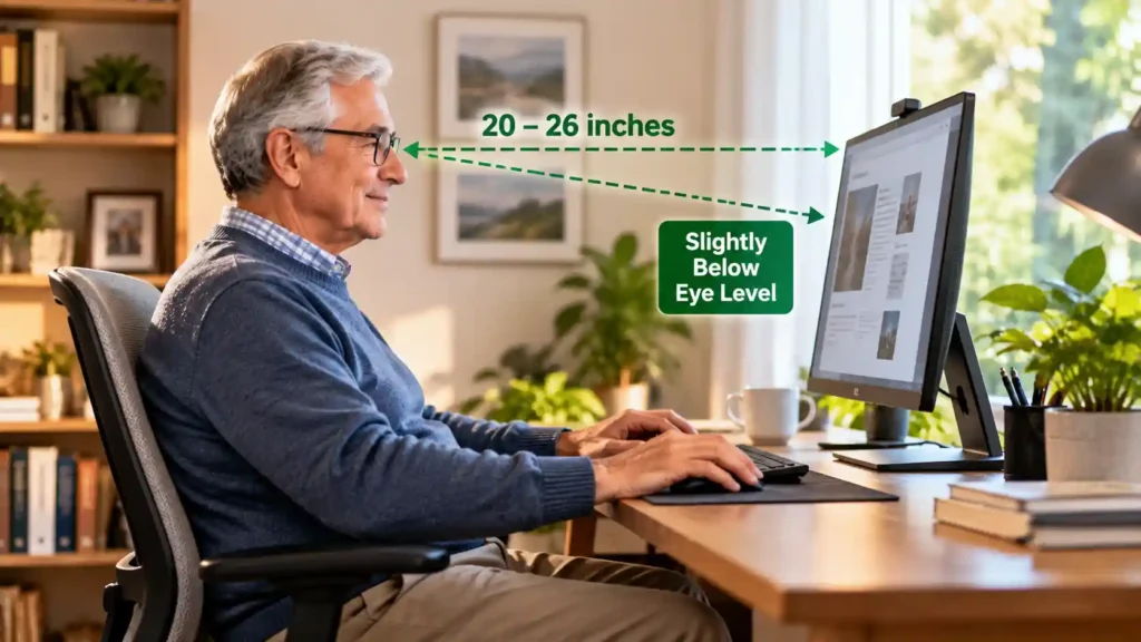 Ergonomic desktop setup showing proper distance and downward angle to ease screen eye strain for seniors.