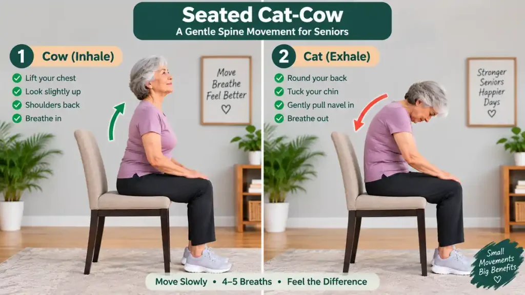 Senior woman doing seated cat-cow chair stretch for spinal mobility