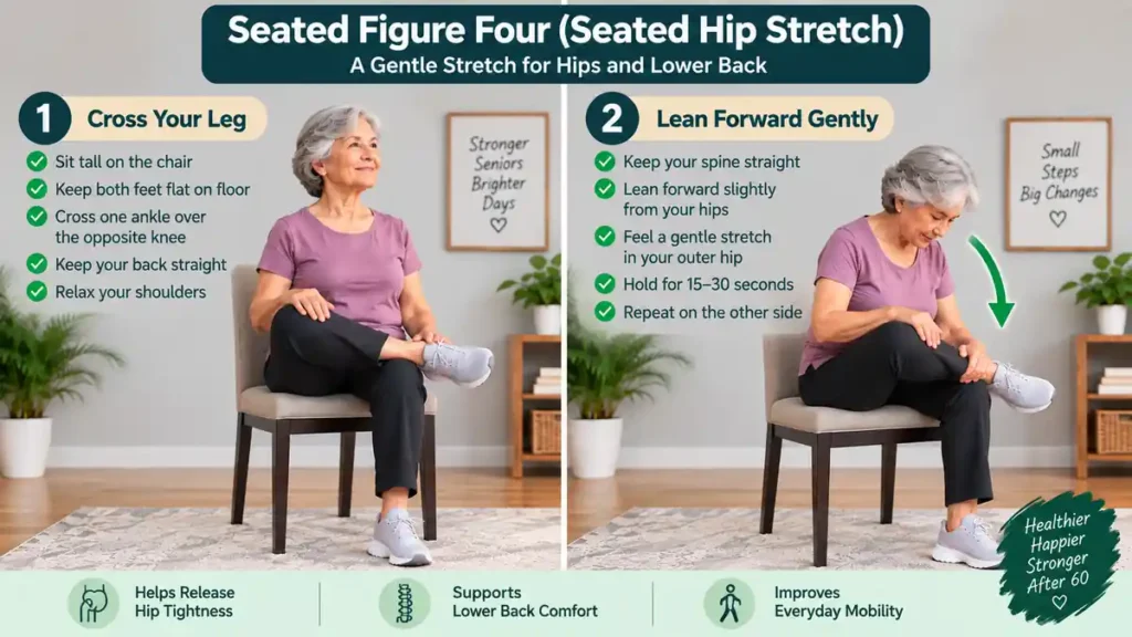 Seated figure four hip stretch exercise for seniors demonstrating a gentle chair-based hip stretch