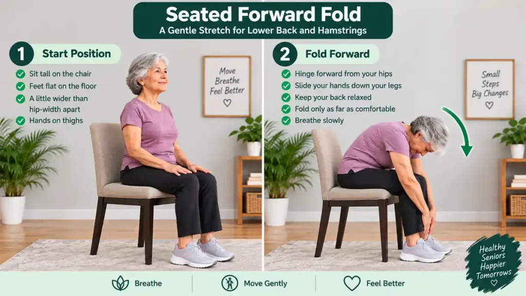 Senior leaning forward with hands on thighs during seated chair yoga stretch
