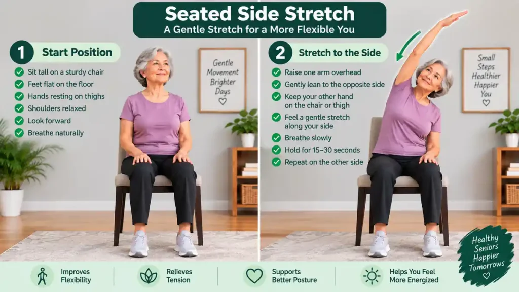 Seated side stretch exercise for seniors demonstrating a gentle chair-based side stretch