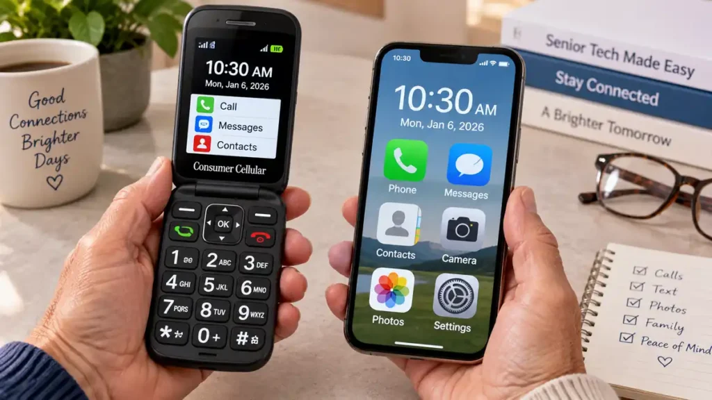 Side-by-side comparison of a senior-friendly large button flip phone and a smartphone with enlarged text display
