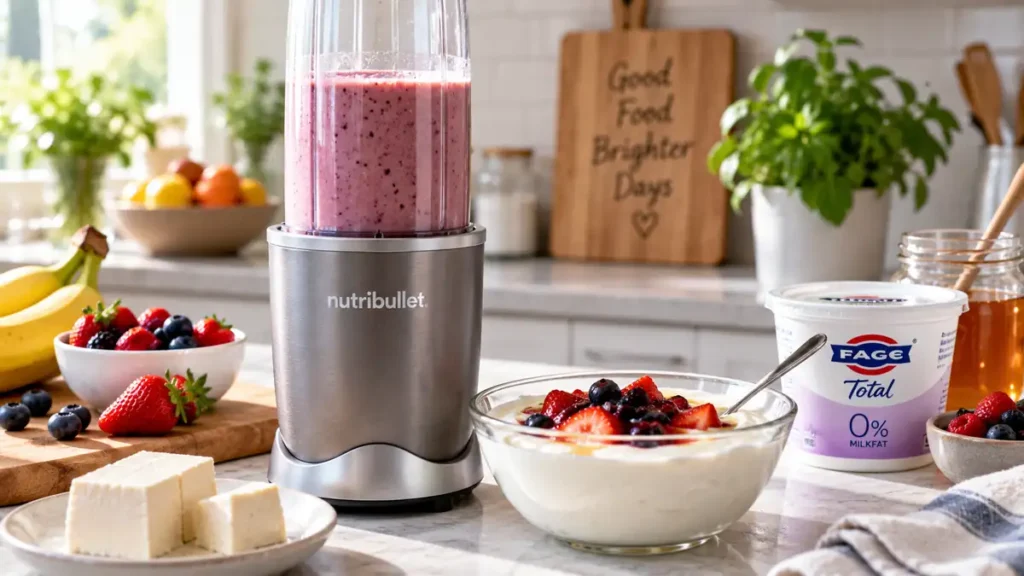 Silken tofu berry smoothie and creamy Greek yogurt prepared in a modern kitchen
