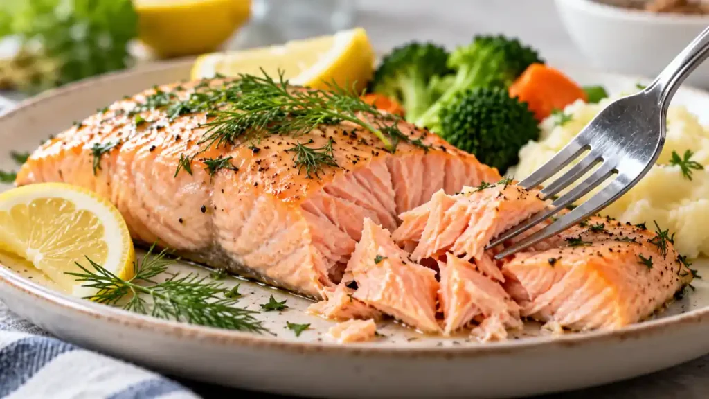 Tender poached salmon fillet being gently flaked with a fork