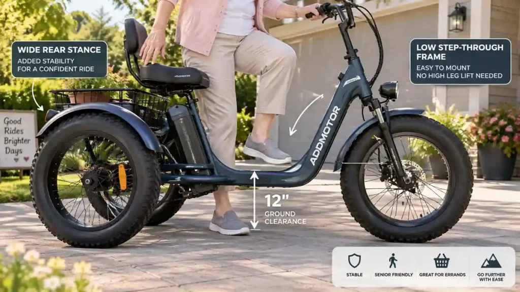 Low-angle profile showing the low step-through frame and wide rear wheels of an adult electric tricycle