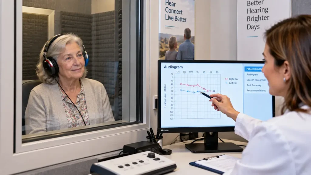 Older adult taking an audio test for costco hearing aids for seniors inside a soundproof booth