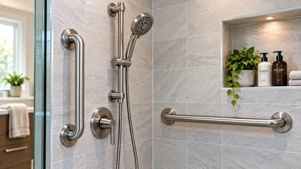 Brushed nickel safety grab bar and handheld wand inside a walk in shower for seniors