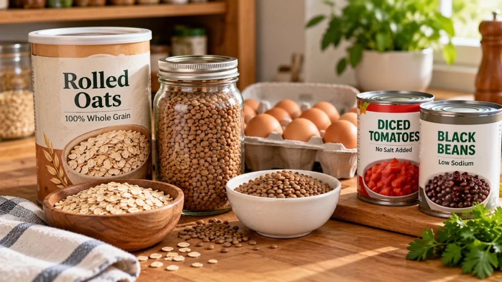 Budget-friendly kitchen staples including rolled oats, dry lentils, eggs, and canned beans on a pantry shelf.