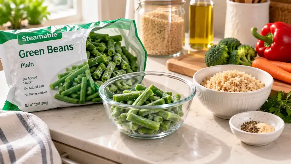 Single serving of plain frozen vegetables measured out on a kitchen counter to prevent food waste.