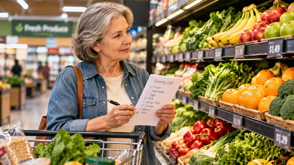 An older adult thoughtfully checking a handwritten grocery list in a supermarket aisle, grocery shopping on a budget for seniors.