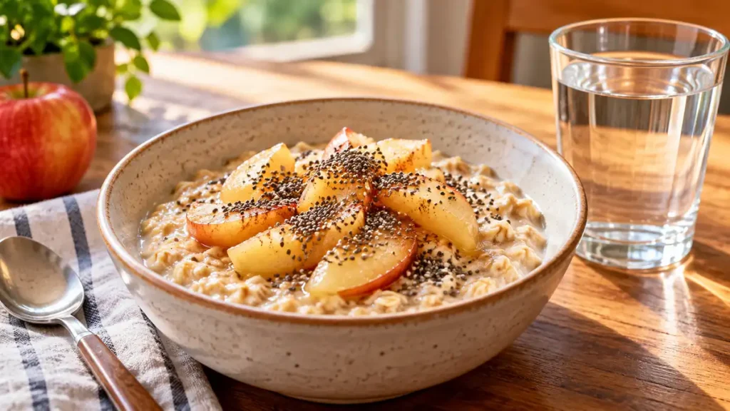 Warm bowl of rolled oatmeal topped with chia seeds and sliced soft apples, practical high fiber foods for seniors.