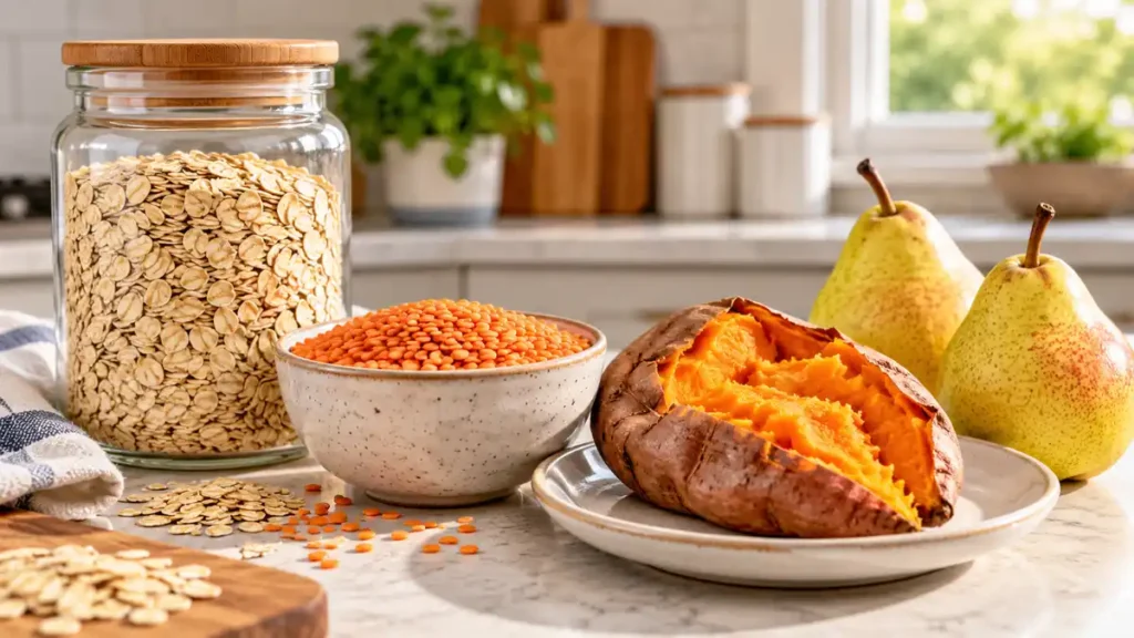 Pantry staples including oats, red lentils, sweet potato, and ripe pears for high fiber foods for seniors.