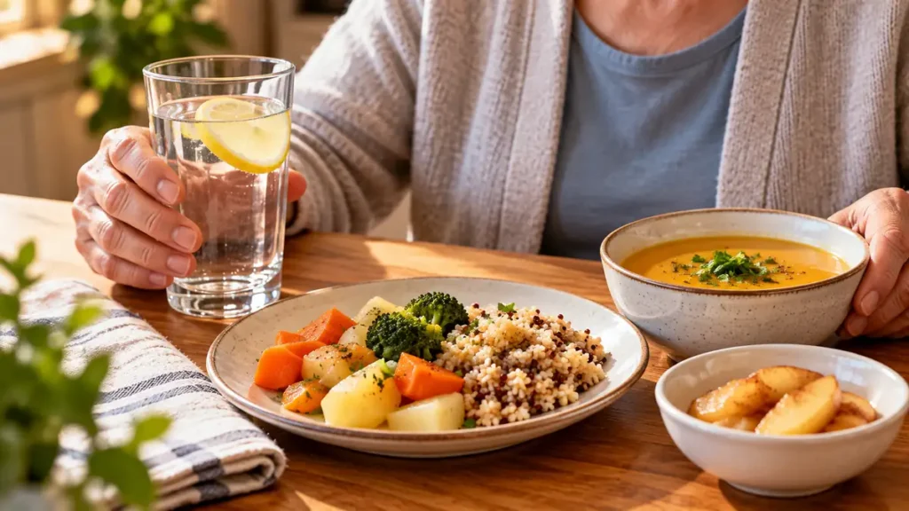 Older adult with a glass of water alongside a high-fiber meal to support gentle digestion.